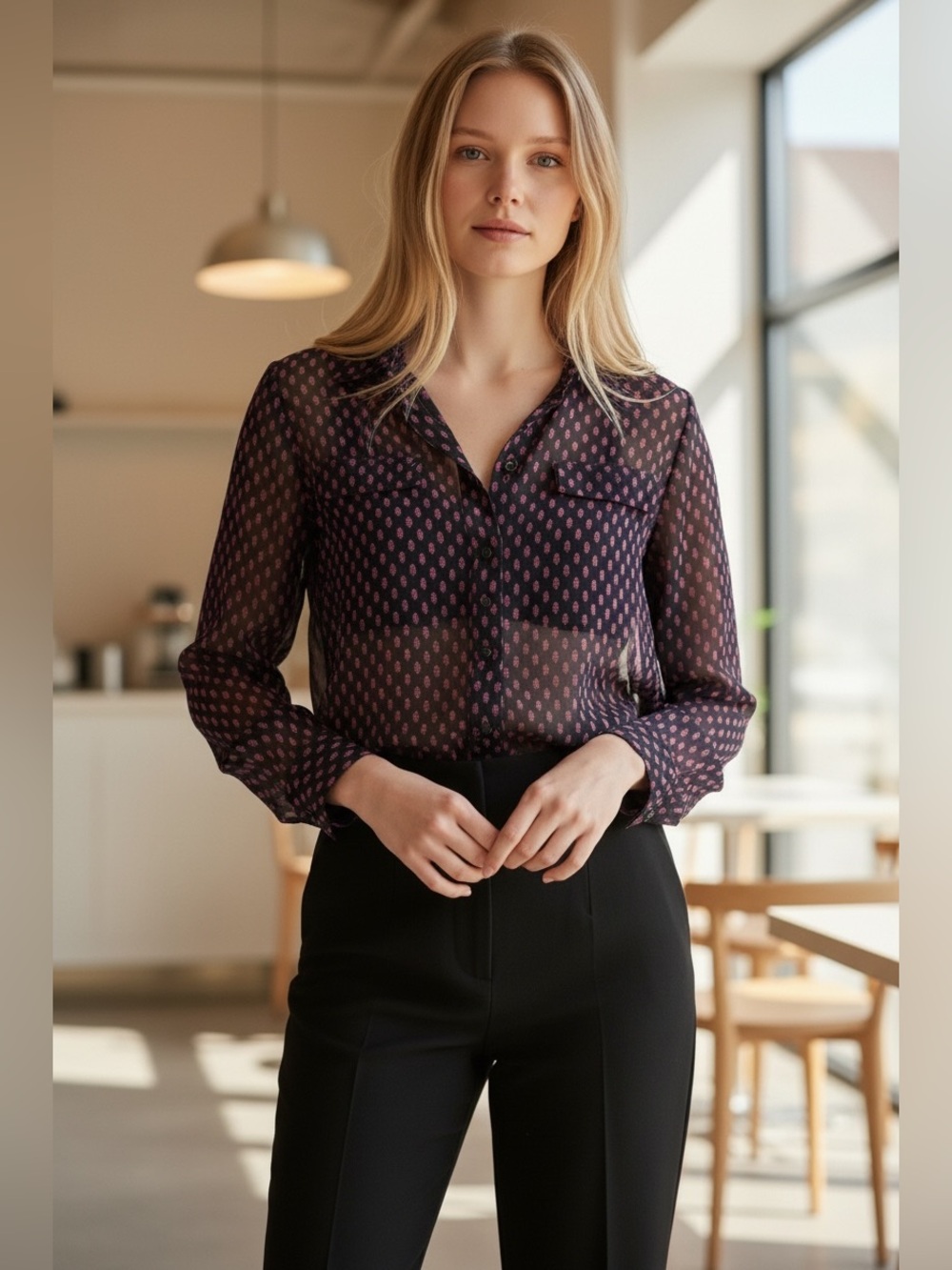 Equipment Femme Black and Pink 100% Printed Silk Button-Down Shirt